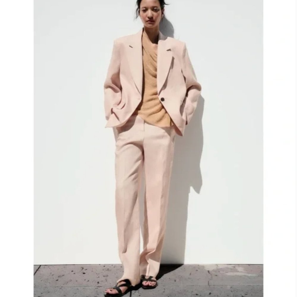 NWT Zara suit 100% linen straight cut blazer + straight leg pants beige-pink - Picture 2 of 12